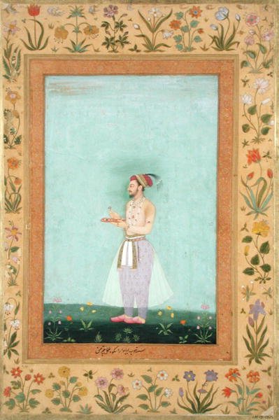 Prins Dara Shikuh holder en bakke med juveler fra Minto Album af Mughal School