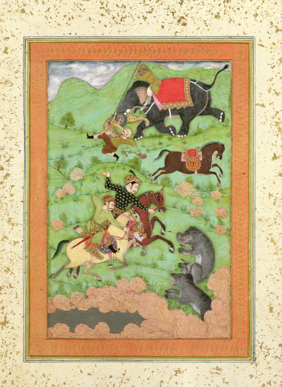 Rajput-prinser, der jager bjørne; en mahout og hans elefant redder en falden rytter fra en tiger fra Large Clive Album af Mughal School