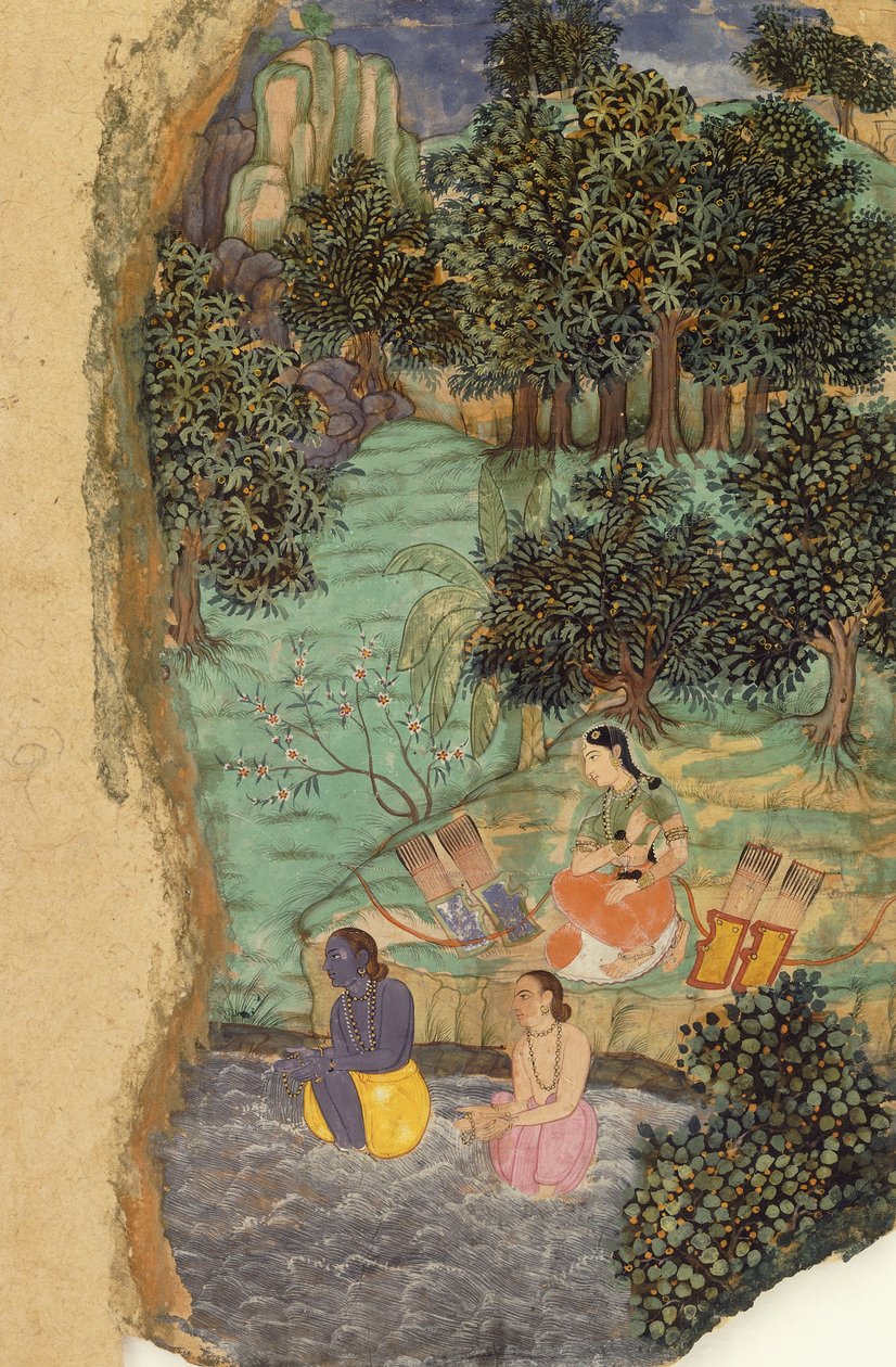 Rama og Lakshmana tilbyder vand til deres døde far på bredden af Mandakini-floden, ca. 1595 af Mughal School