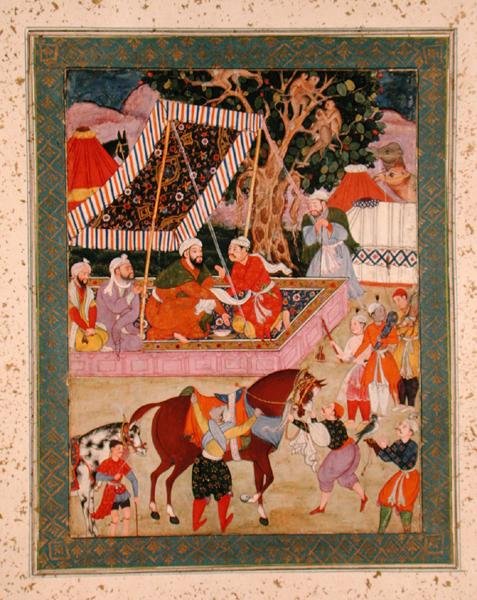 Scene under en Hawking Ekspedition, fra Large Clive Album, ca. 1570 af Mughal School