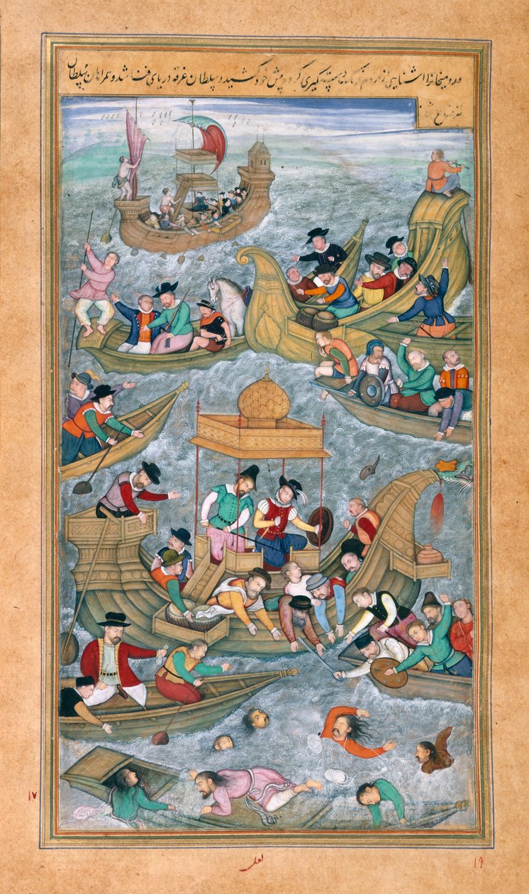 Sultan Bahadur og Rumi Khan hopper i havet, når de er omgivet af portugisiske både, fra Akbarnama af Mughal School
