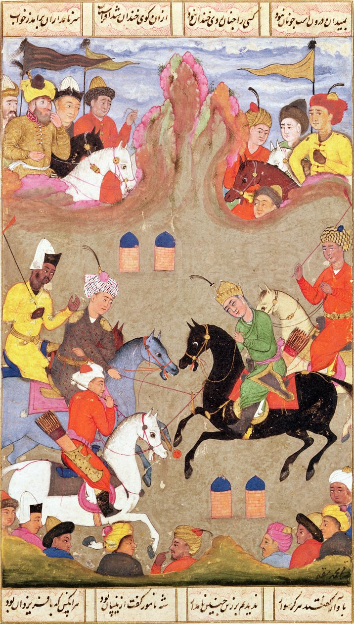 The Game of Polo, miniature fra en shahnama, ca. 1670 af Mughal School