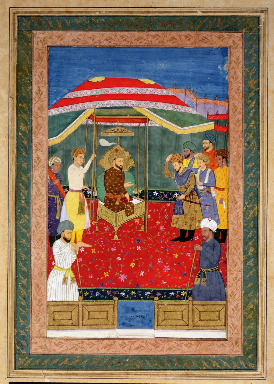 Mughal-kejseren Babur (1526-30) sidder på en trone og modtager en prins, Johnson Album I, nr. 3 nummereret 65 af Mughal School