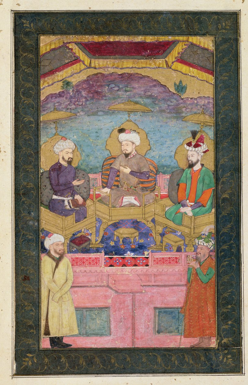 Timur (1336-1405), Babur (1483-1530, r.1526-30) og Humayan (1508-56, r.1530-56) tronede sammen, fra Large Clive Album, fra en c17. original af Mughal School