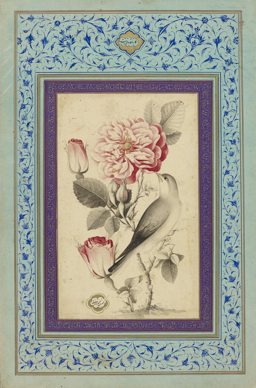 Roses and Nightingale, slutningen af det 18. århundrede (blæk og farve på papir) af Muhammad Baqir