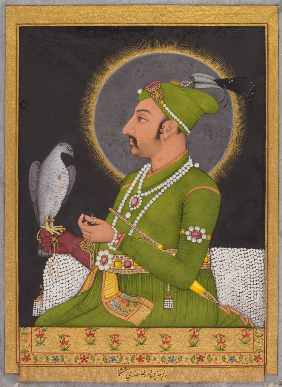 Posthumt portræt af mogulkejseren Muhammad Shah (regerede 1719-1748) med en falk i hånden af Muhammad Riza i Hindi