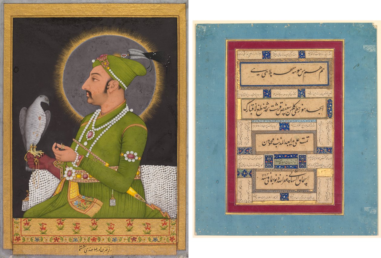 Posthumt portræt af Mughal-kejseren Muhammad Shah (regerede 1719-1748) med en falk (recto); Kalligrafi (verso) af Muhammad Rizavi Hindi