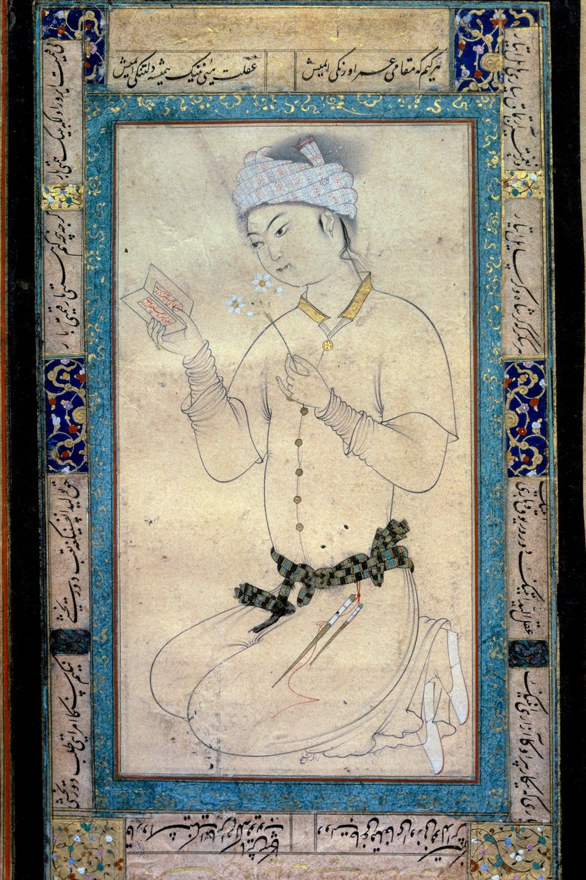 En ung mand med bøger og narcisser persisk miniature ved Muhammad Shaykhs gouache af Muhammad Shaykh