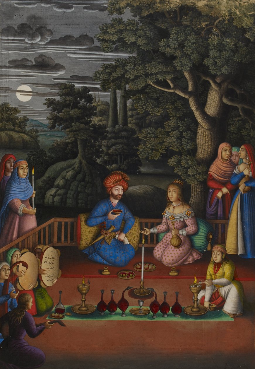 Episode fra den indiske prinsesses historie: Kong Turktazīs besøg i den magiske have Turktaz, Feernes Dronning, MS OR.2265, f.221v af Muhammad Zaman