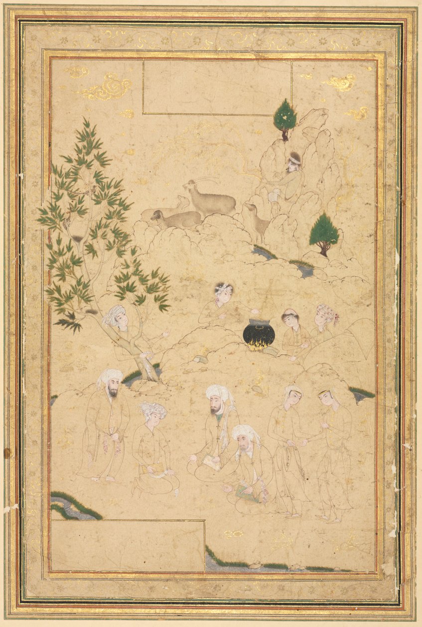 Picnic in the Mountains, Enkeltsideillustration, ca. 1550-1600. af Muhammadi