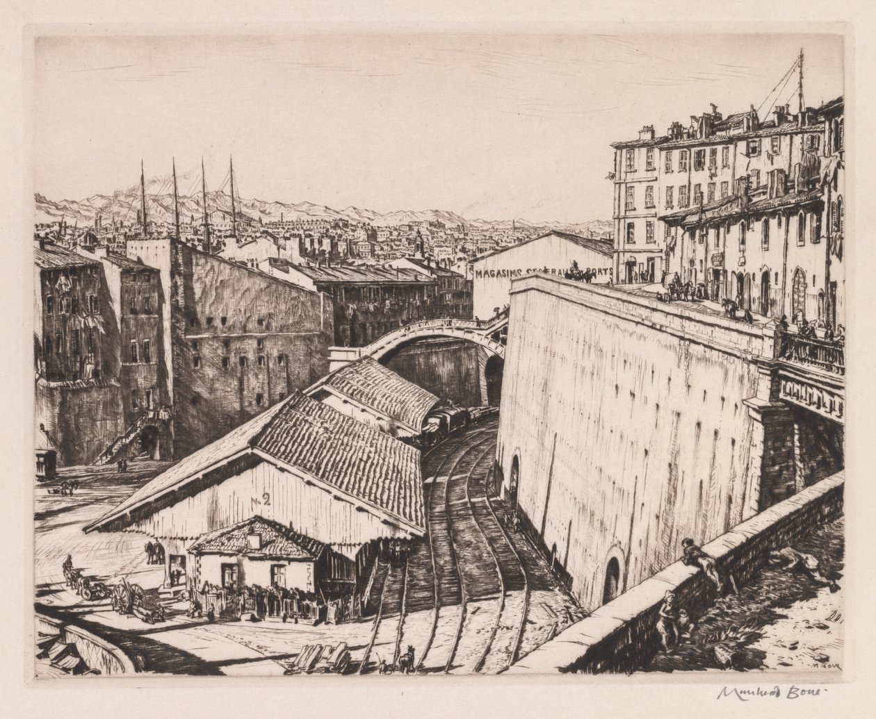 Jernbaneskure, Marseilles af Muirhead Bone