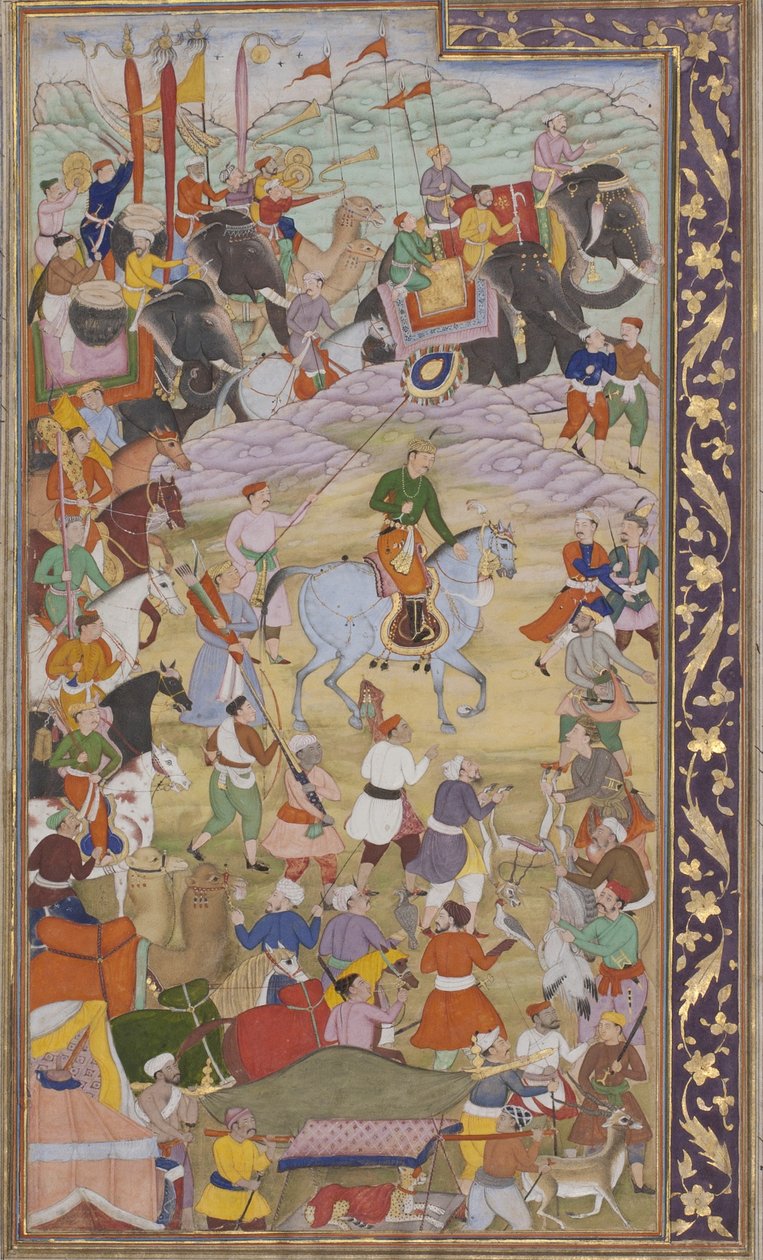 Kejser Akbar jager ved Sanganer på vej til Gujarat, 1600-10 (uigennemsigtigt wc & guld på papir) af Mukund