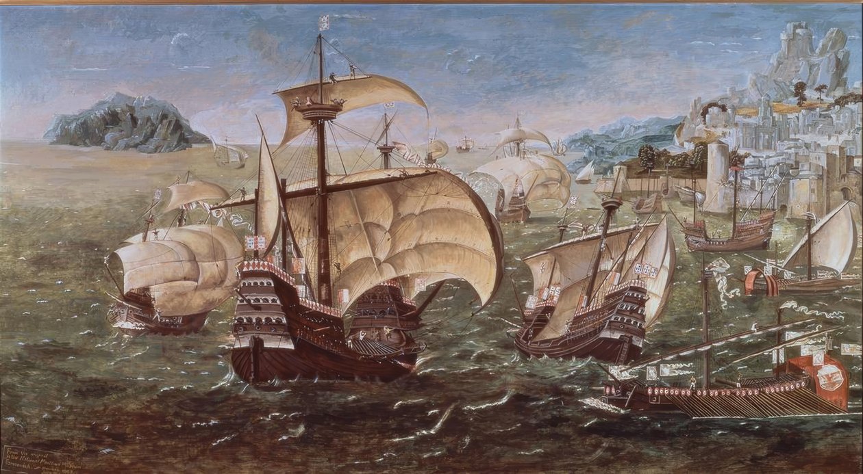 PORTUGISISKE BÅDE PÅ EN KLISTERKYST - XVI ÅRHUNDREDE -O / L - 78 × 144 - KOPI AF ORIGINALEN AF GREENWICH MUSEET af Munday John