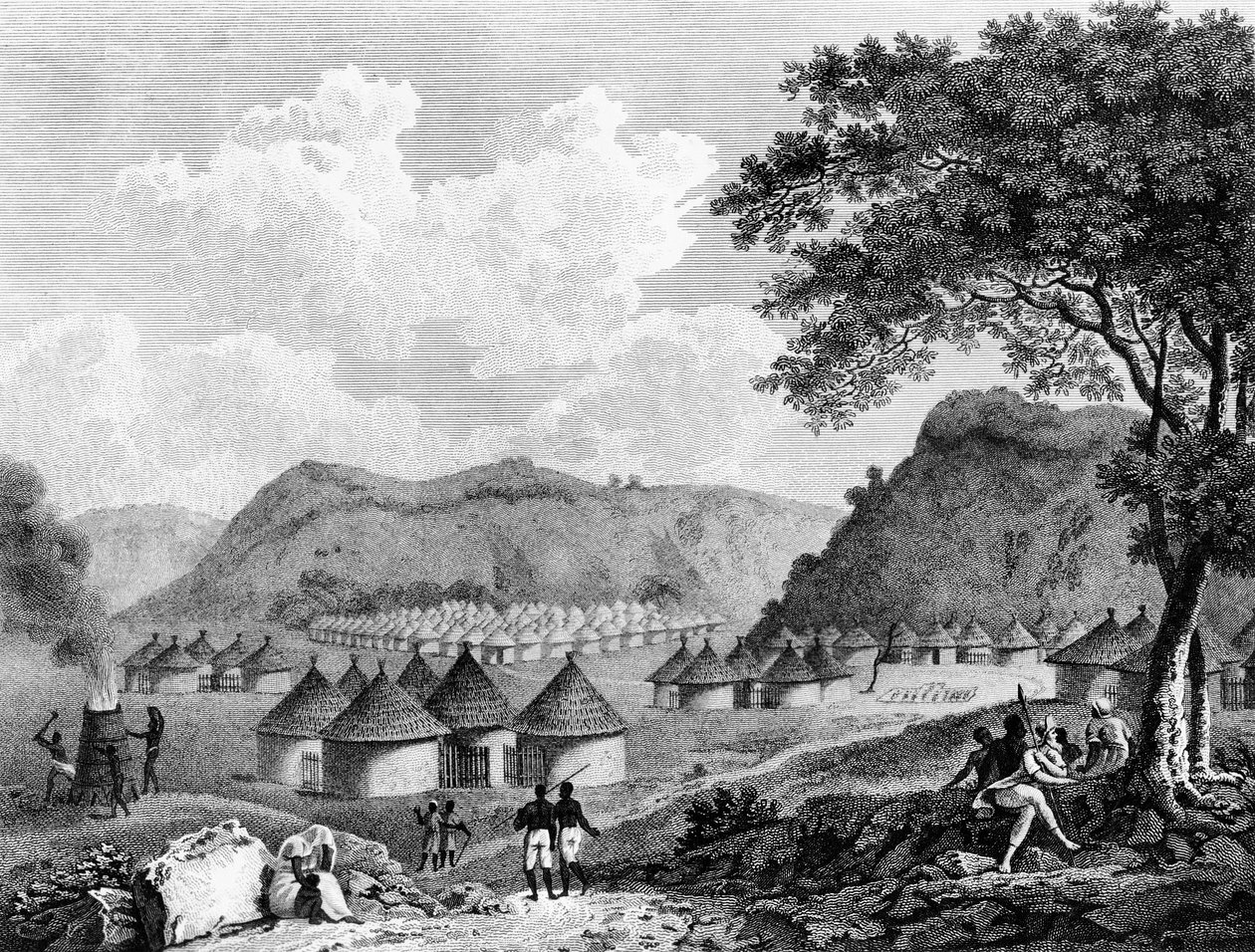 Udsigt over landsbyen Kamalia fra Rejser i de indre distrikter i Afrika, 1799 af Mungo Park