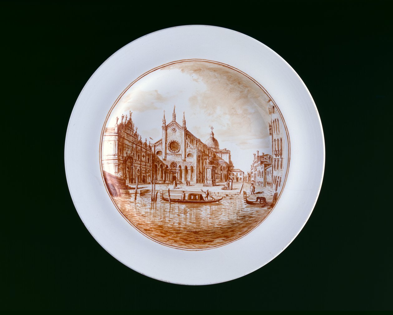 Tallerken med udsigt over SS Giovanni e Paolo, Murano Miotti Glasswork, Venedig, ca. 1741 (hvidt, uigennemsigtigt glas (lattimo)) af Murano Miotti Family