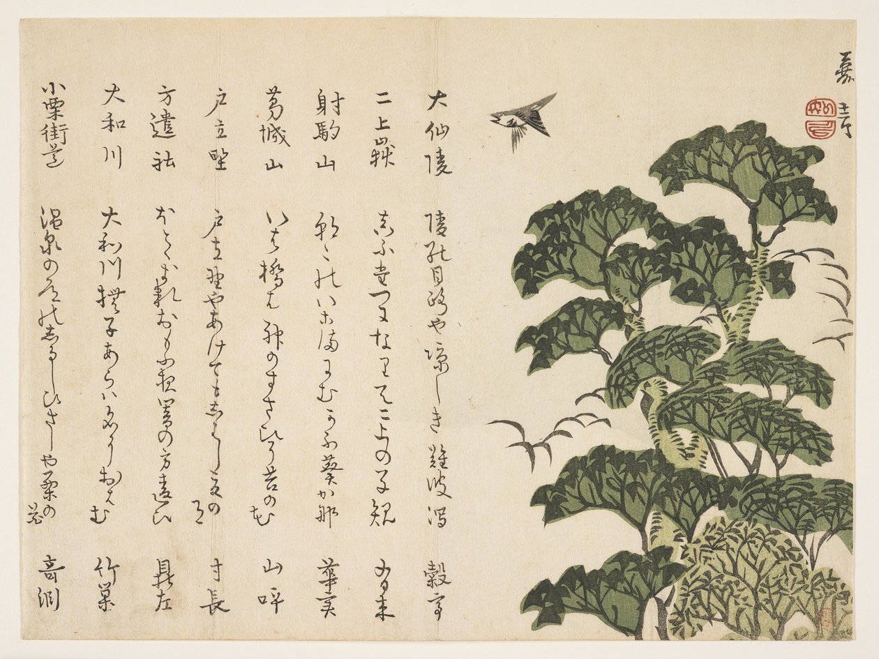 Stort træ og fugle, ca.1830-44 (farve-træsnit) af Murata Kagen