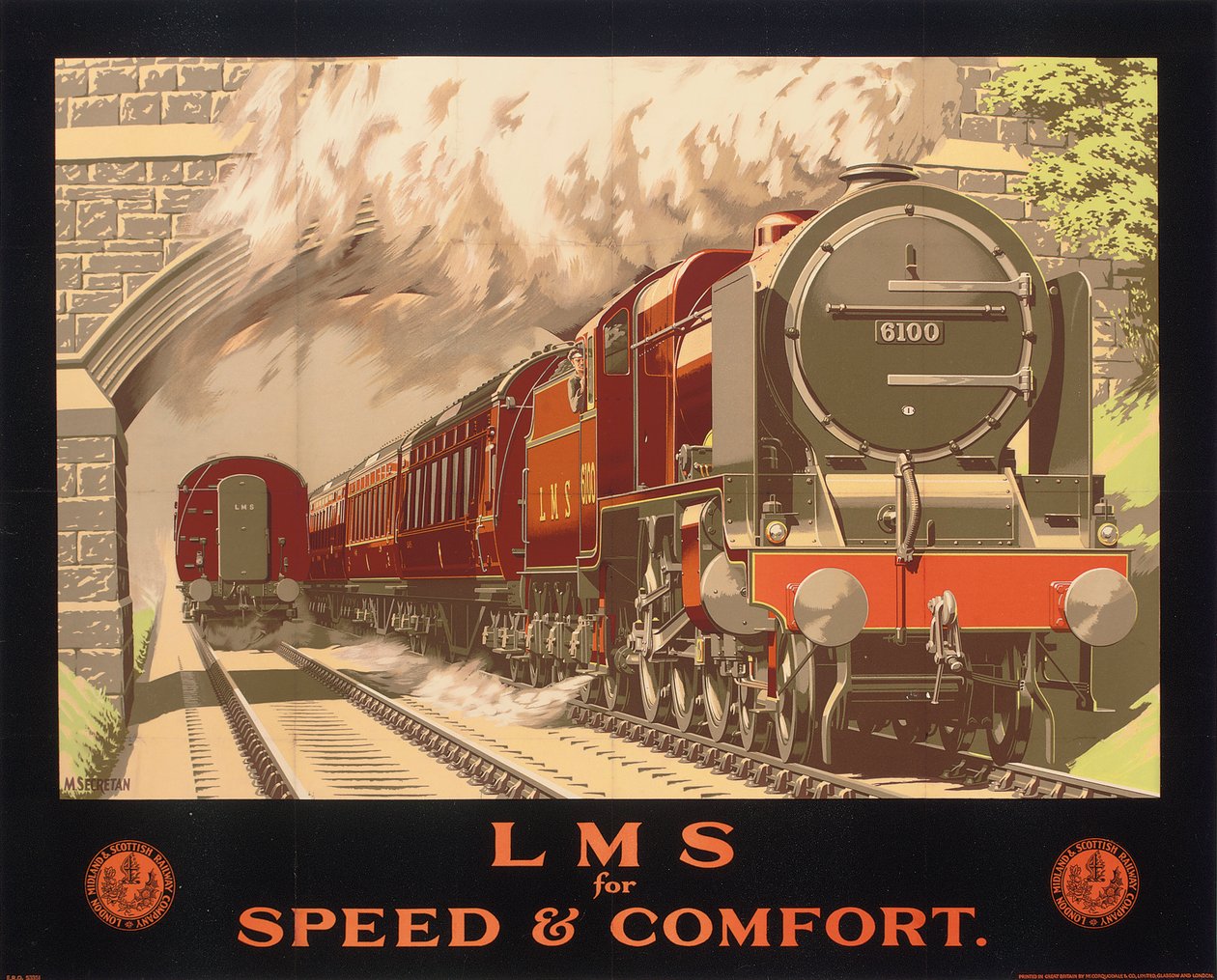 LMS for Speed and Comfort, plakat, der reklamerer for London, Midland og Scottish Railway (farve litho) af Murray Secretan