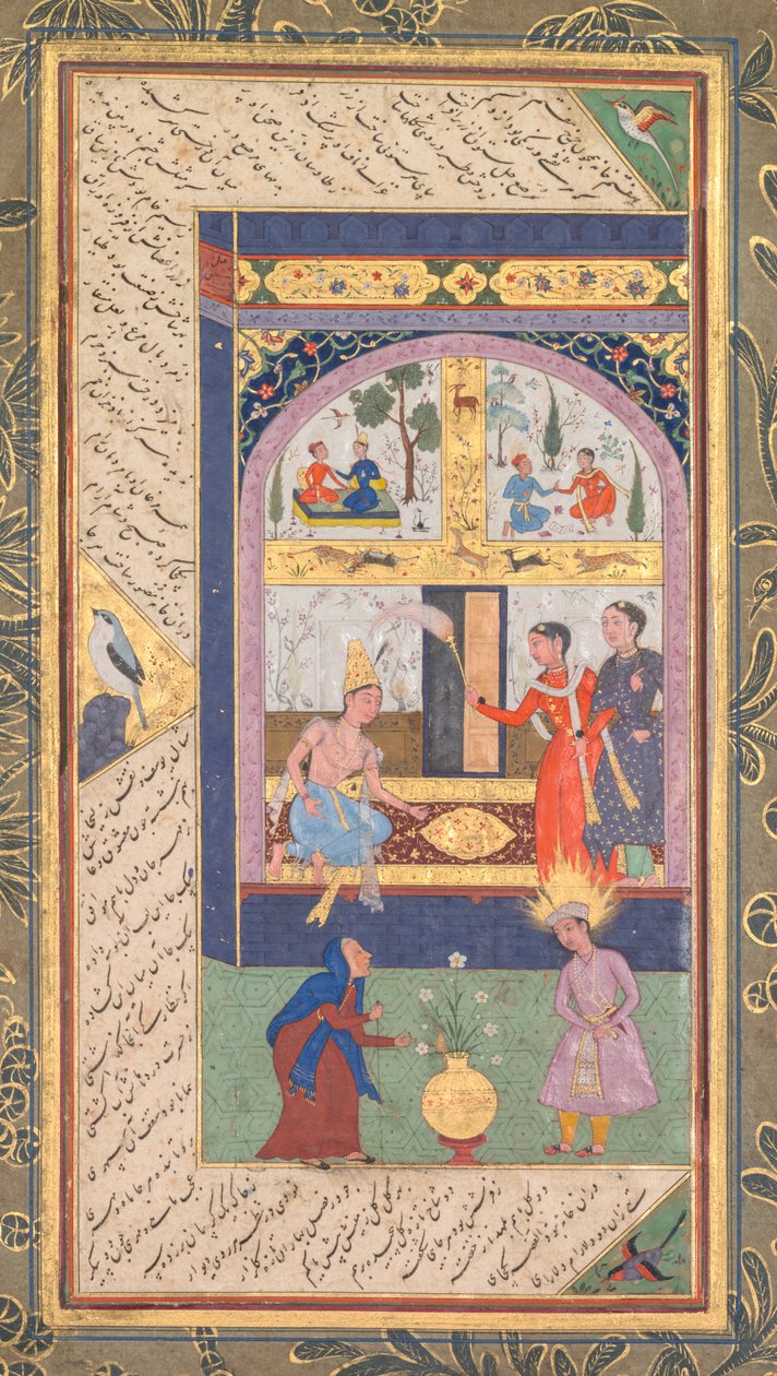 Zulaykha i sit palads og som en gammel kvinde med Joseph, fra en Panj Ganj (fem skatte) af Abd al- Rahman Jami (persisk, 1414-1492) (rekto) af Mushfiq