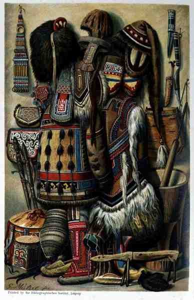 Redskaber, fartøjer og kostume af nordlige racer, fra The History of Mankind af prof. Friedrich Ratzel, pub. i 1904 af Mutzel