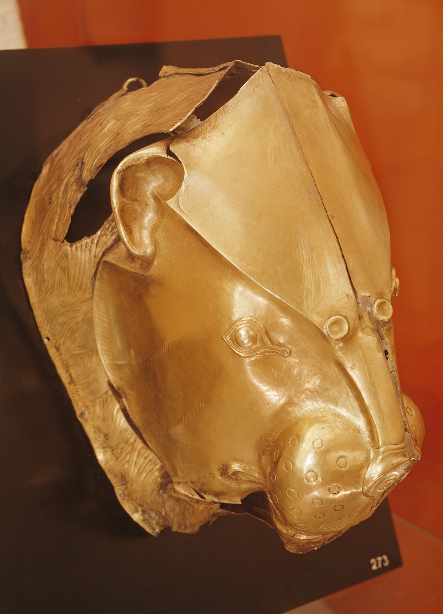 Løvehoved rhyton, fra Grave Circle A, Mykene, ca. 1500-tallet f.Kr. (guld) (se også 151130) af Mycenaean