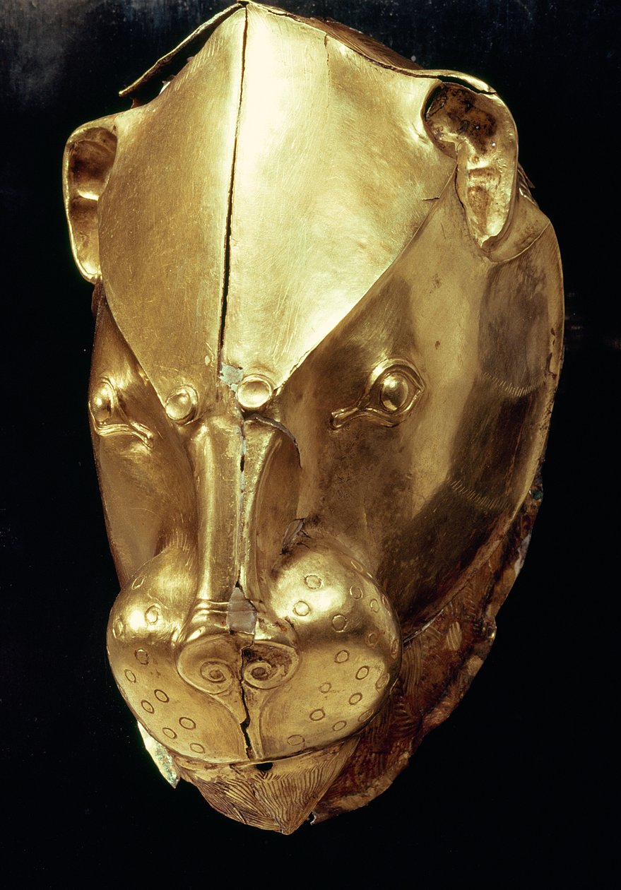 Løvehoved rhyton, fra Grav IV, Gravcirkel A, Mykene (guld) (se også 179999) af Mycenaean