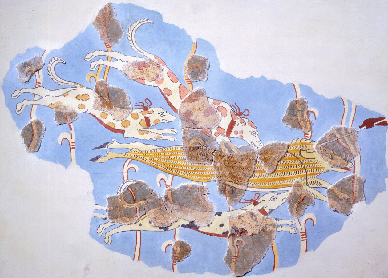 Jagtscene, fresko fra Tirinto Palace (Grækenland), mykensk civilisation af Mycenaean