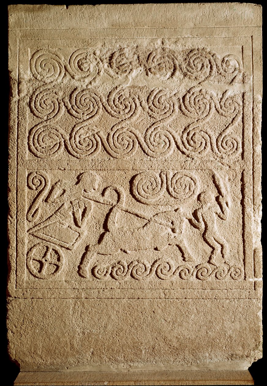 Mykensk kunst: begravelsesstele i kalksten med repræsentation af et slag fra Mykenerne. 16. århundrede f.Kr. Svag. 133 cm Athen, Nationalt Arkæologisk Museum af Mycenaean