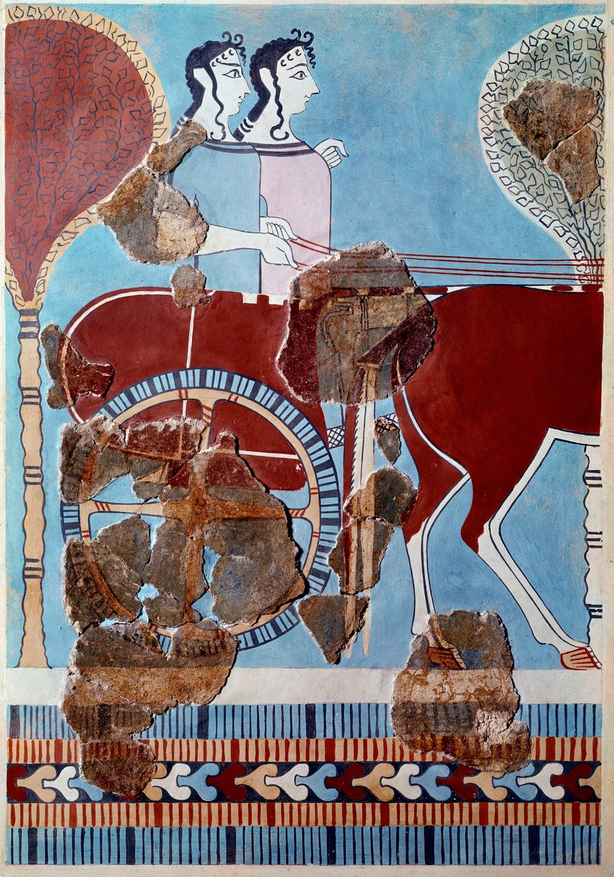 Mykensk kunst: par på en tank. Fragment af freskomaleri fra paladset i Tiryns The og rekonstitution af Mycenaean