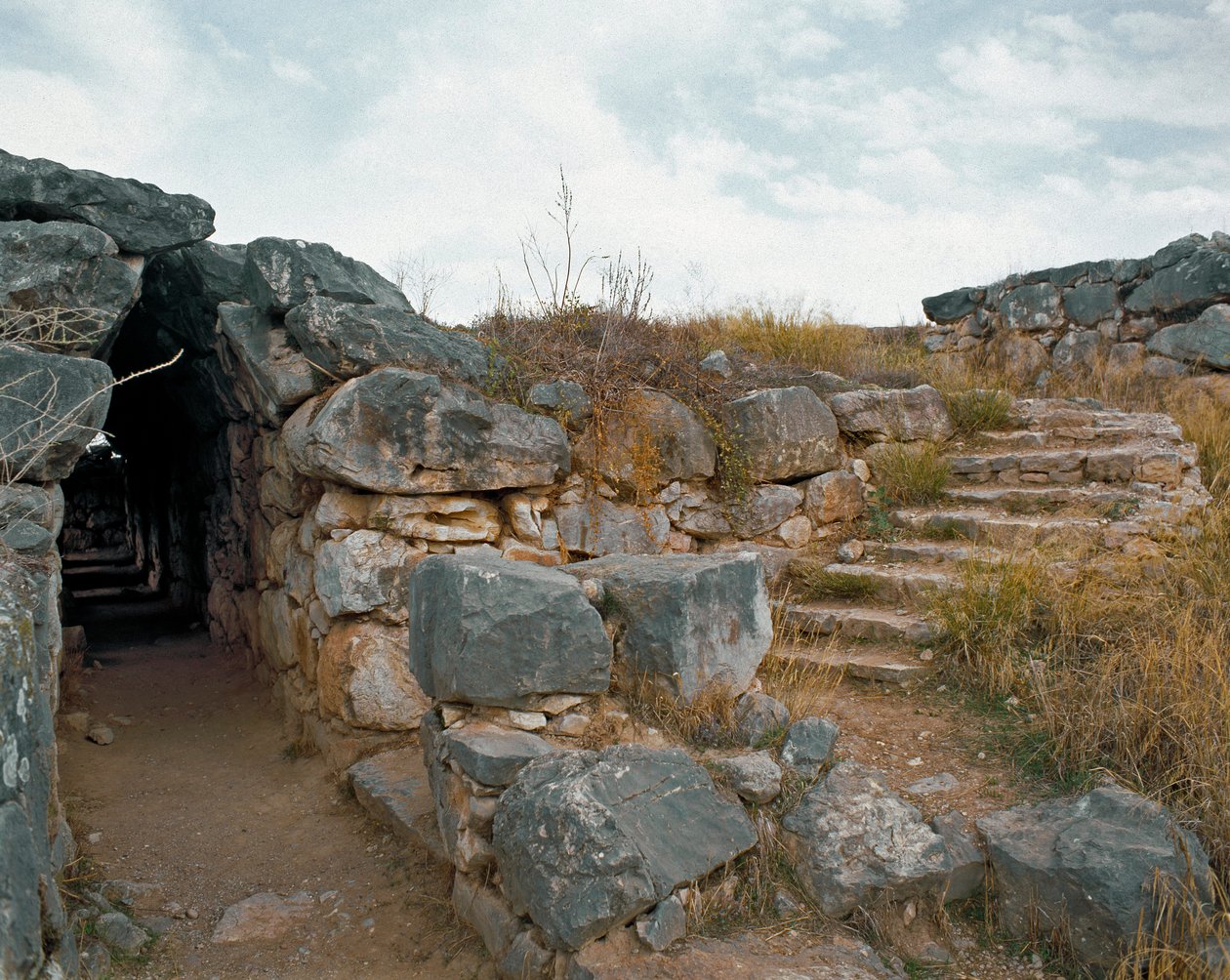 Mykensk kunst: overdækket passage af det mykenske citadel, Tiryns Byen, omkring 1200 f.Kr. Grækenland af Mycenaean