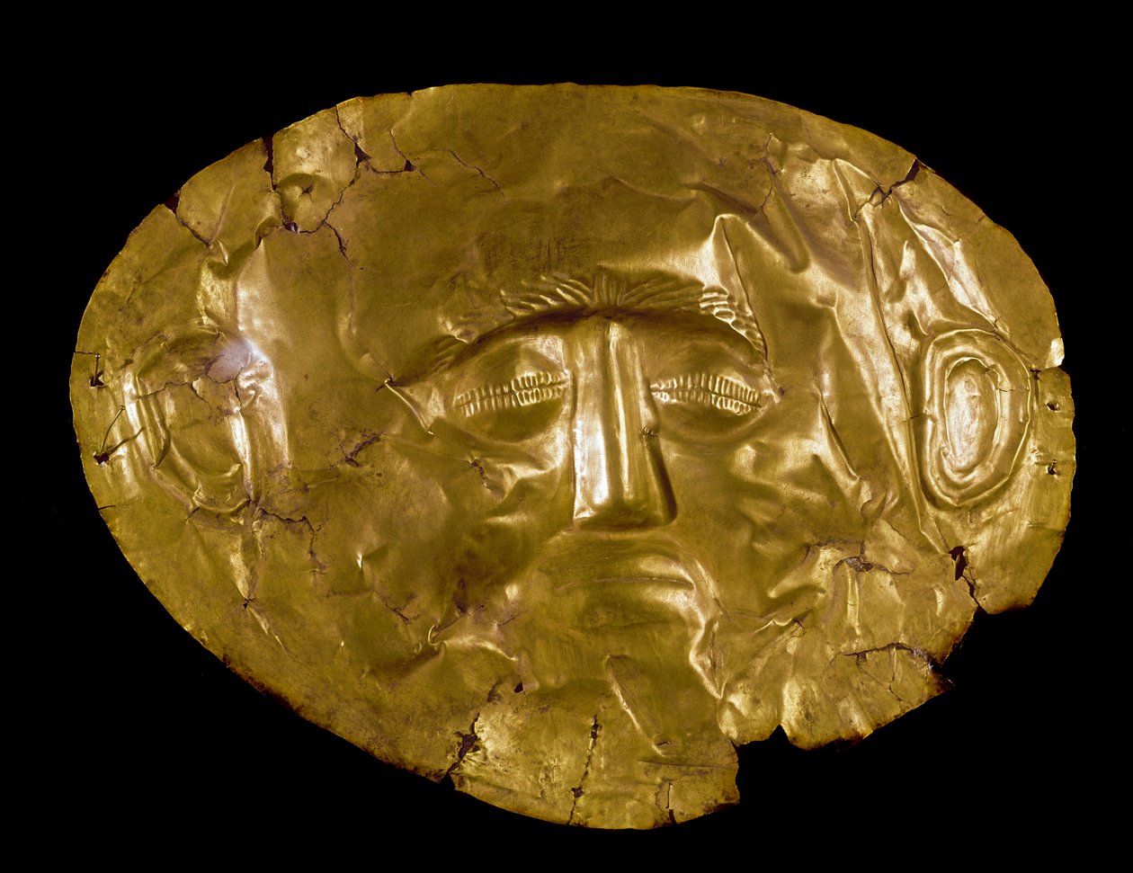 Mykensk kunst: gylden maske. Fra Mykenes sted. 16. århundrede f.Kr. Athen, nationalt arkæologisk museum - Mykensk kunst: begravelsesmaske af guld fra Mykene. 16. århundrede f.Kr. Nationalt arkæologisk museum, Athen, Grækenland af Mycenaean