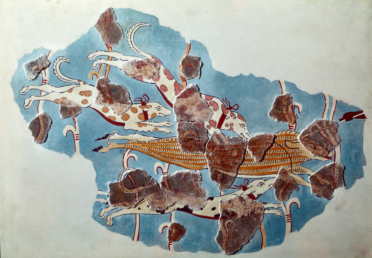 Mykensk kunst: jagtscene, hunde jagter vildsvin. Fragment af freskomaleri fra paladset i Tiryns The og rekonstitution af Mycenaean