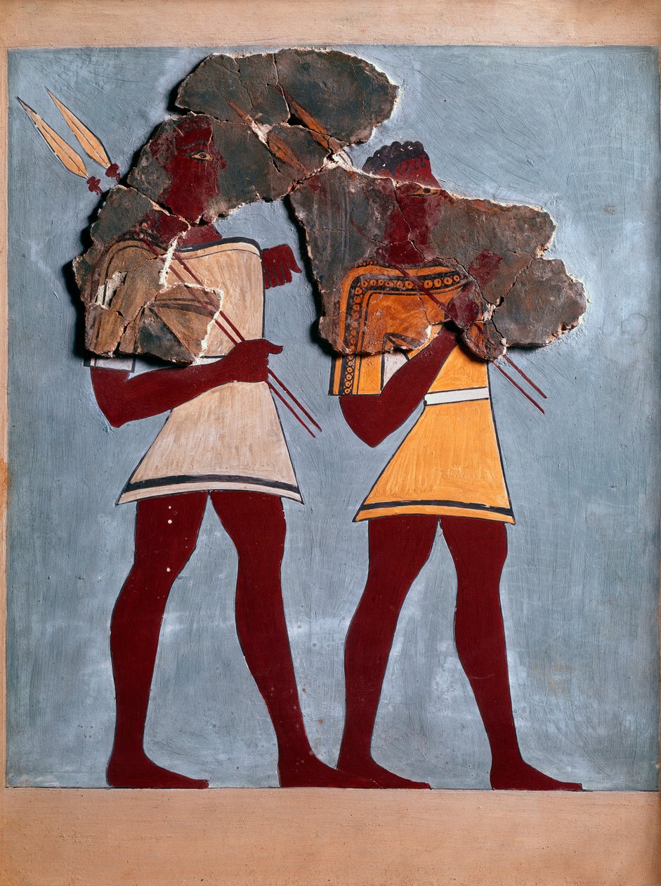 Mykensk kunst: krigere. Fragment af freskomaleri fra Tiryns-paladset og genopbygning af Mycenaean