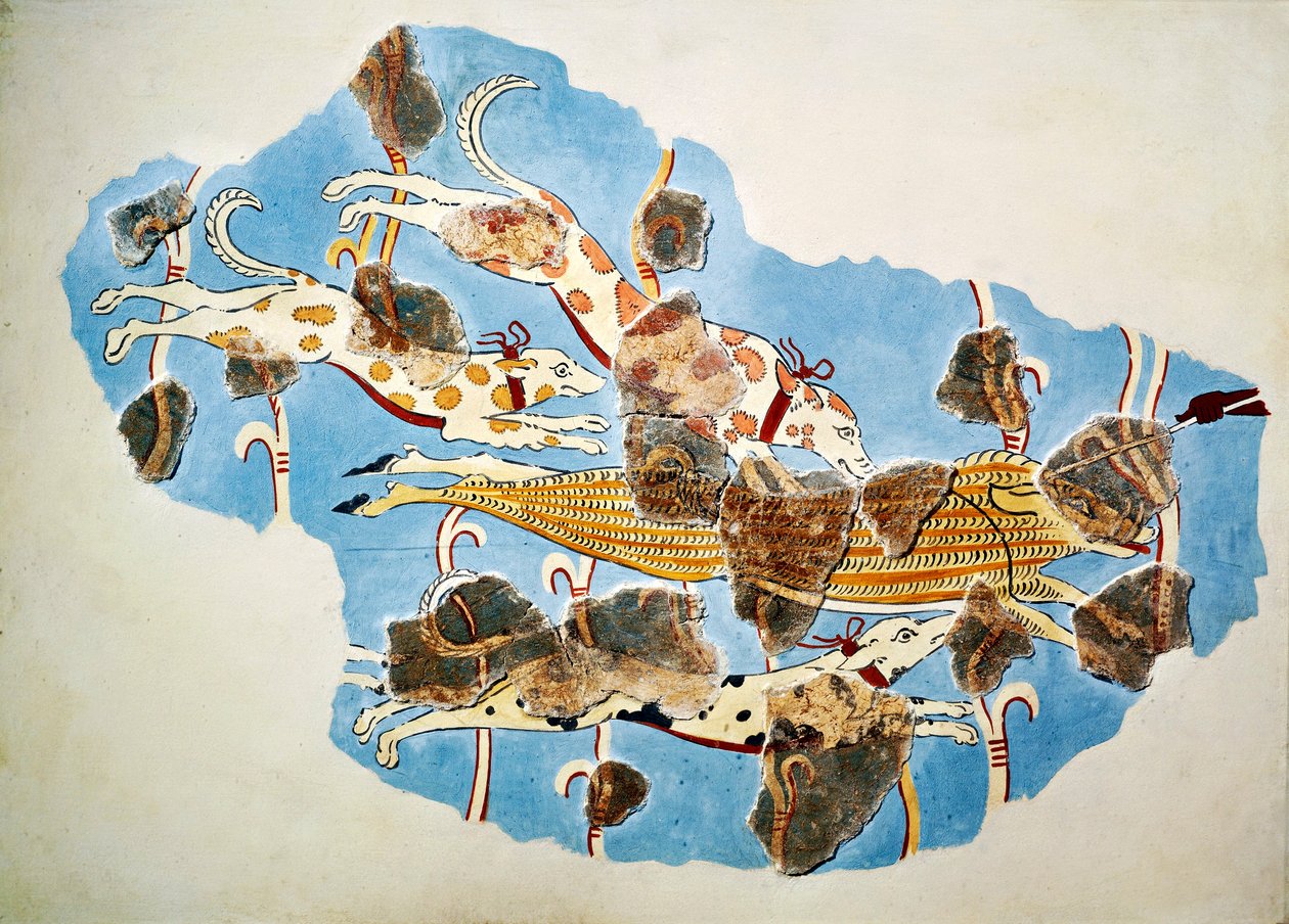 Kalkmaleri, der afbilder jagtscene, fra Tiryns, Grækenland af Mycenaean Mycenaean