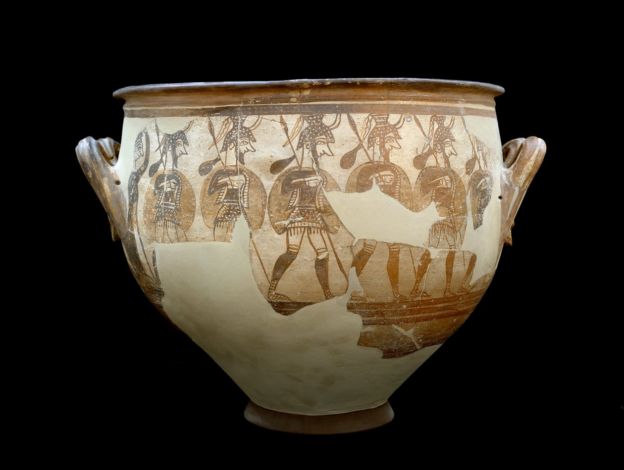 Mycensk civilisation: krater kaldet Warriors - Fra kredsen af grave A a Mykenes. 12. århundrede f.Kr. - Athen, nationalt arkæologisk museum - Mykensk kunst: Krigernes krater - Terrakotavase fundet i Mykene af Mycenaean Mycenaean