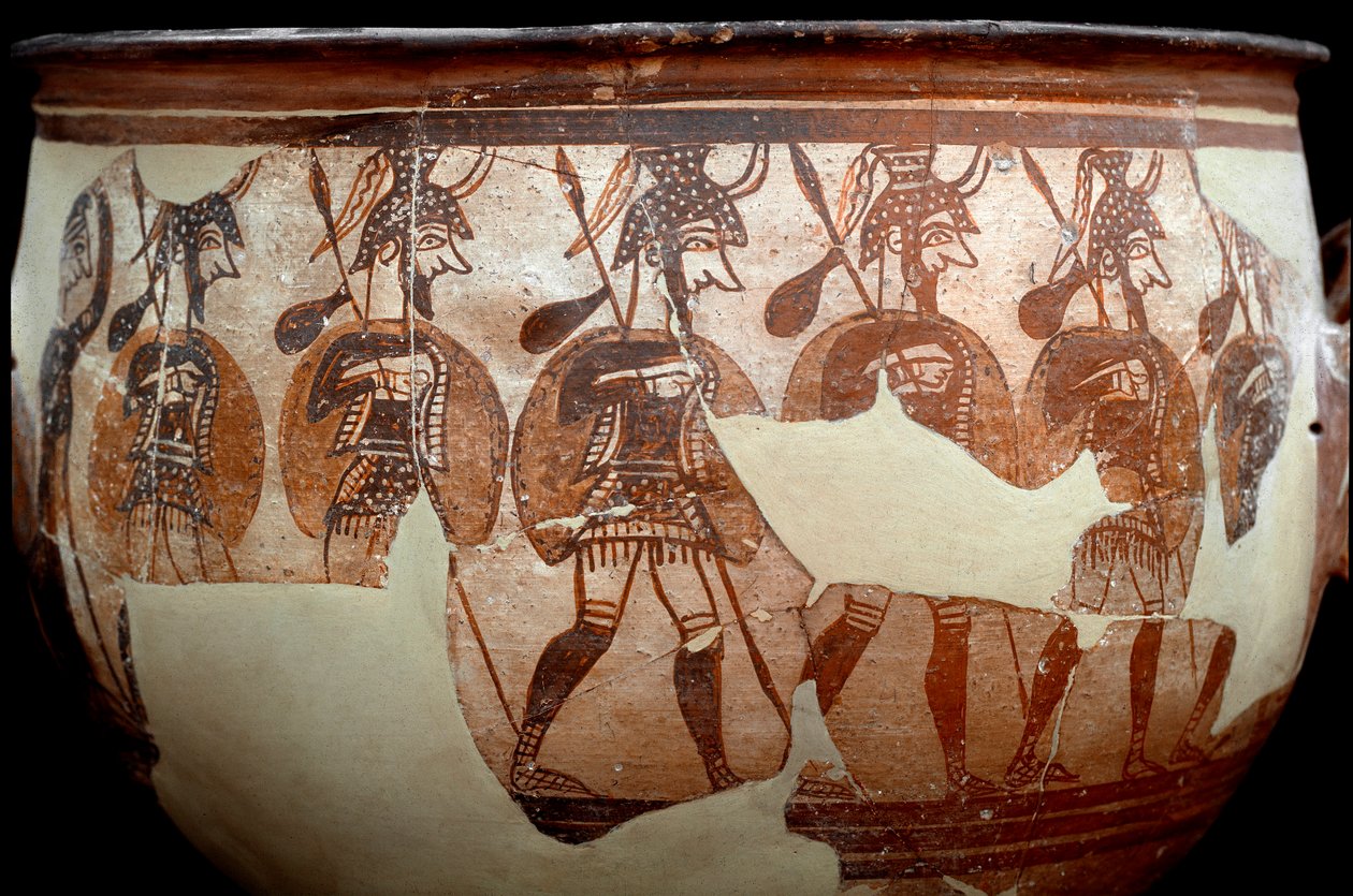 Mykensk civilisation: krater kaldet Warriors. Fra kredsen af grave A til Mykenes. 12. århundrede f.Kr. Athen, National Archaeological Museum - Art of Mycenaean civilisation: krater kaldet Warriors krater. Fra gravkredsen A ved Mykene. 12. århundrede af Mycenaean Mycenaean