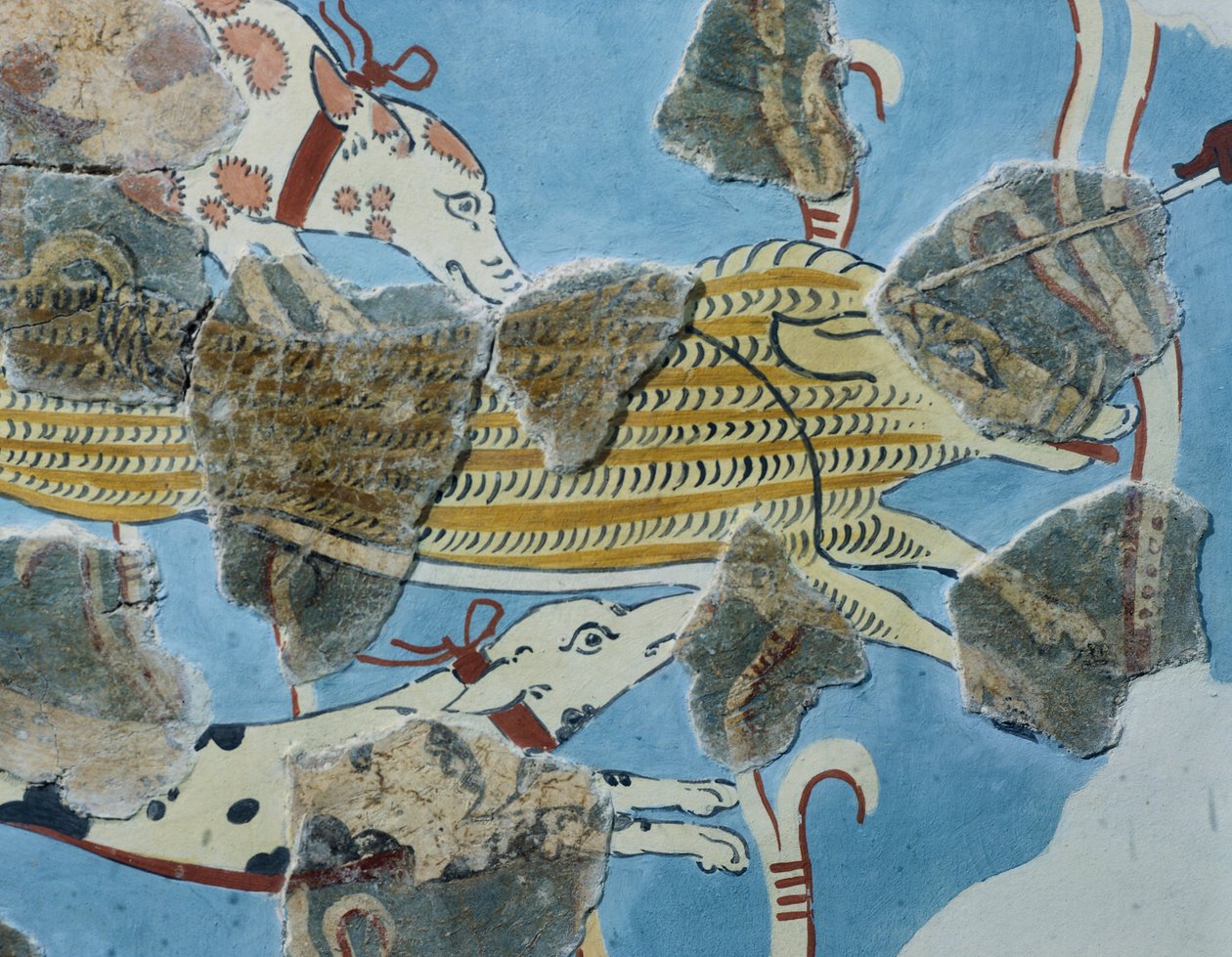 Fresco fra Tirinto Palace (Grækenland). Detalje: gruppe hunde angriber et vildsvin. Mykensk civilisation af Mycenean
