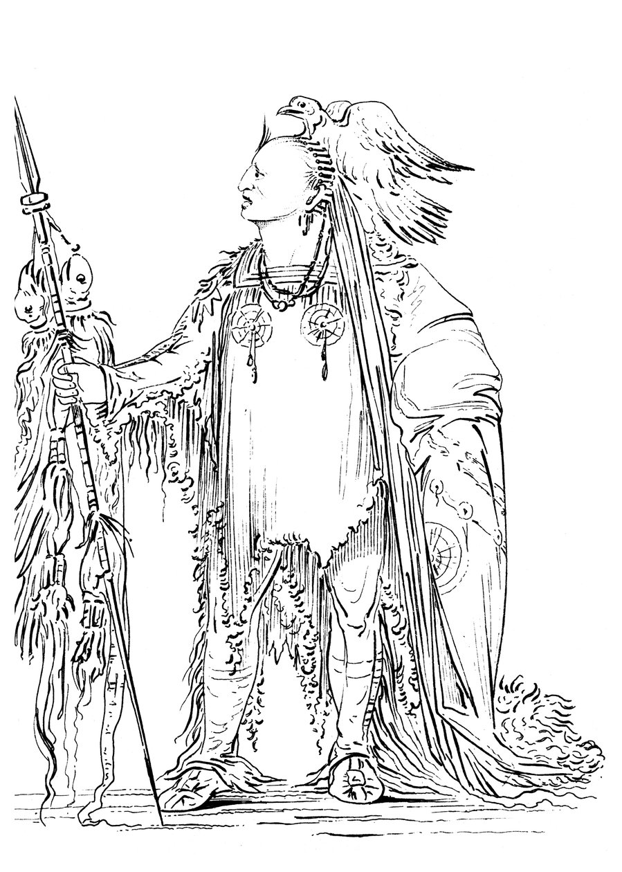 Han der binder sit hår før, indianerhan fra Minataree-stammen, 1841. af Myers and Co