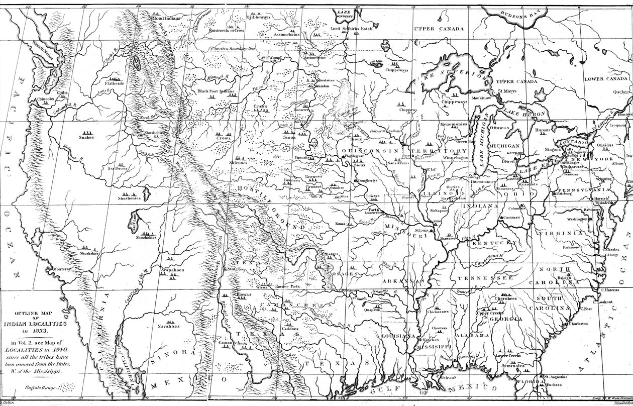 Kort over Nordamerika med placeringer af indianske stammer, 1841. af Myers and Co