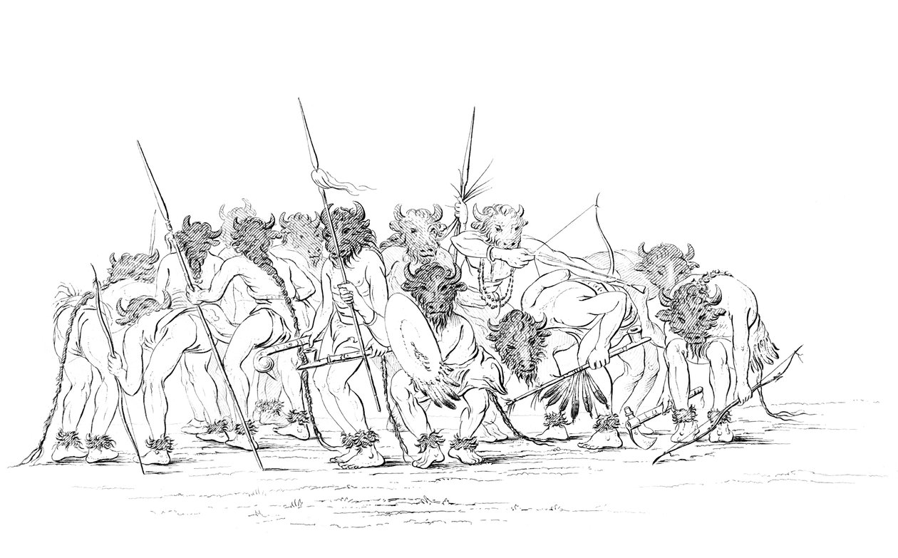 Indfødte amerikanske jægere danser iført bøffelmasker, 1841. af Myers and Co