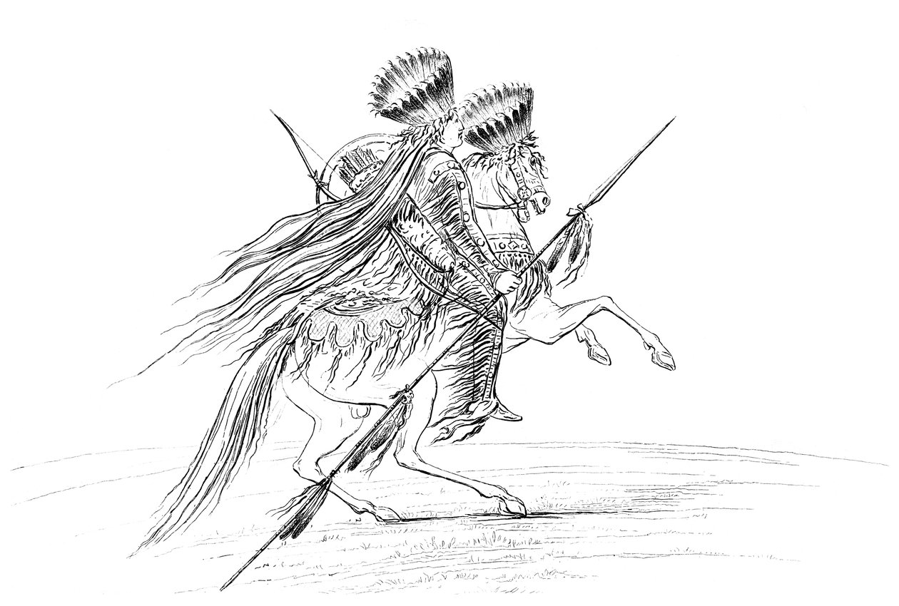 Indfødt amerikansk mand med våben og hovedbeklædning, ridende på hest, 1841. af Myers and Co