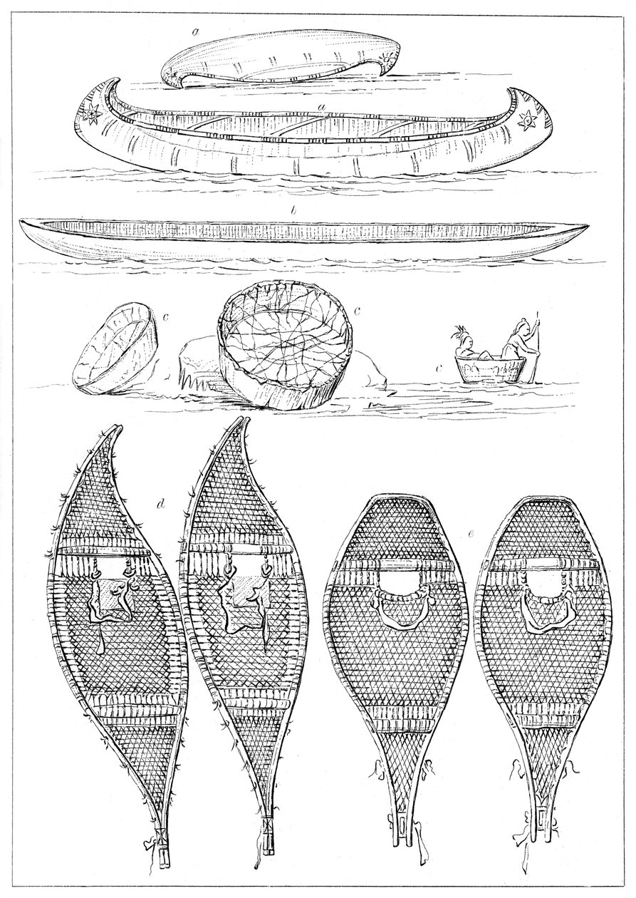 Sioux-kanoer og Chippewa-snesko, 1841. af Myers and Co