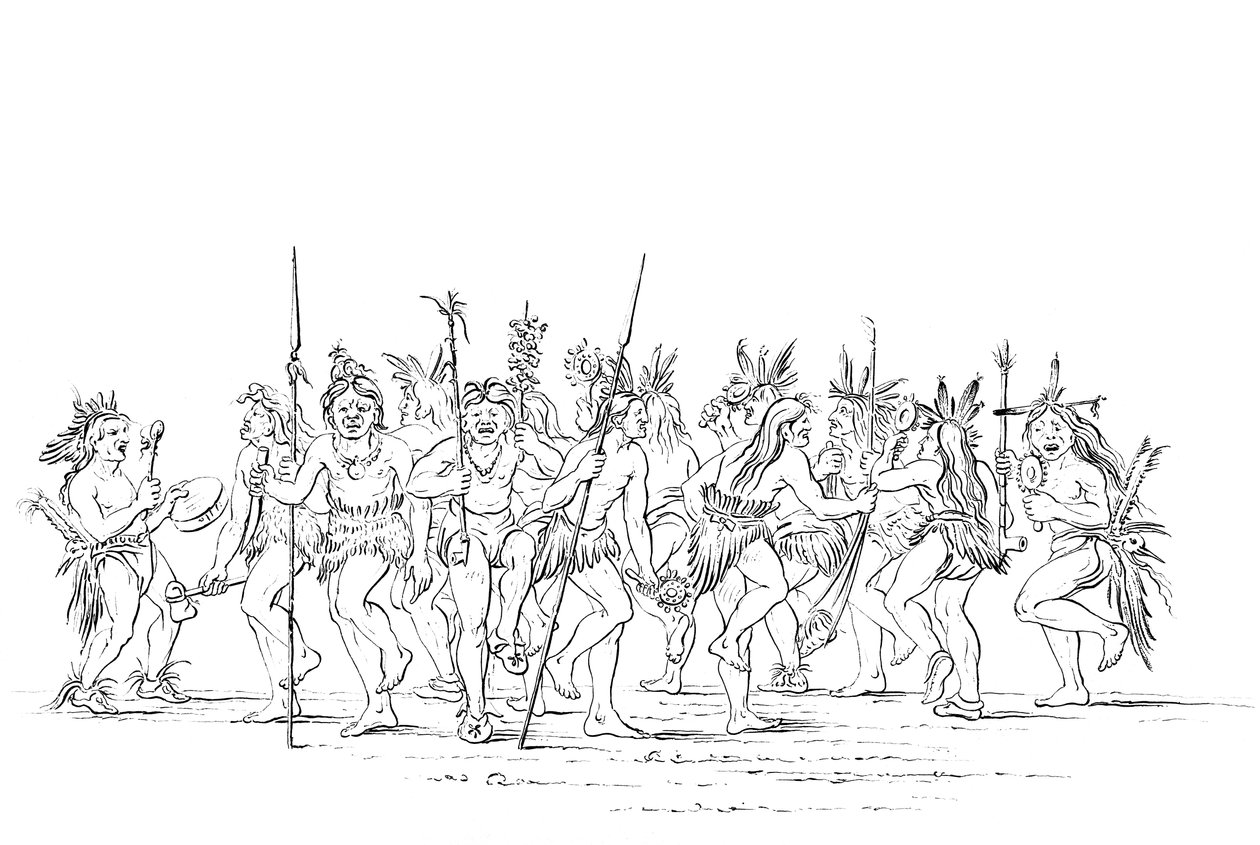 Sioux-stammen udfører en tiggerdans, 1841. af Myers and Co