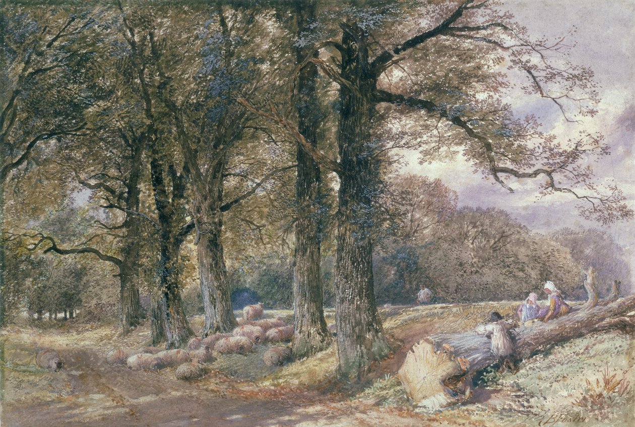 Børn sidder på træstamme af Myles Birket Foster