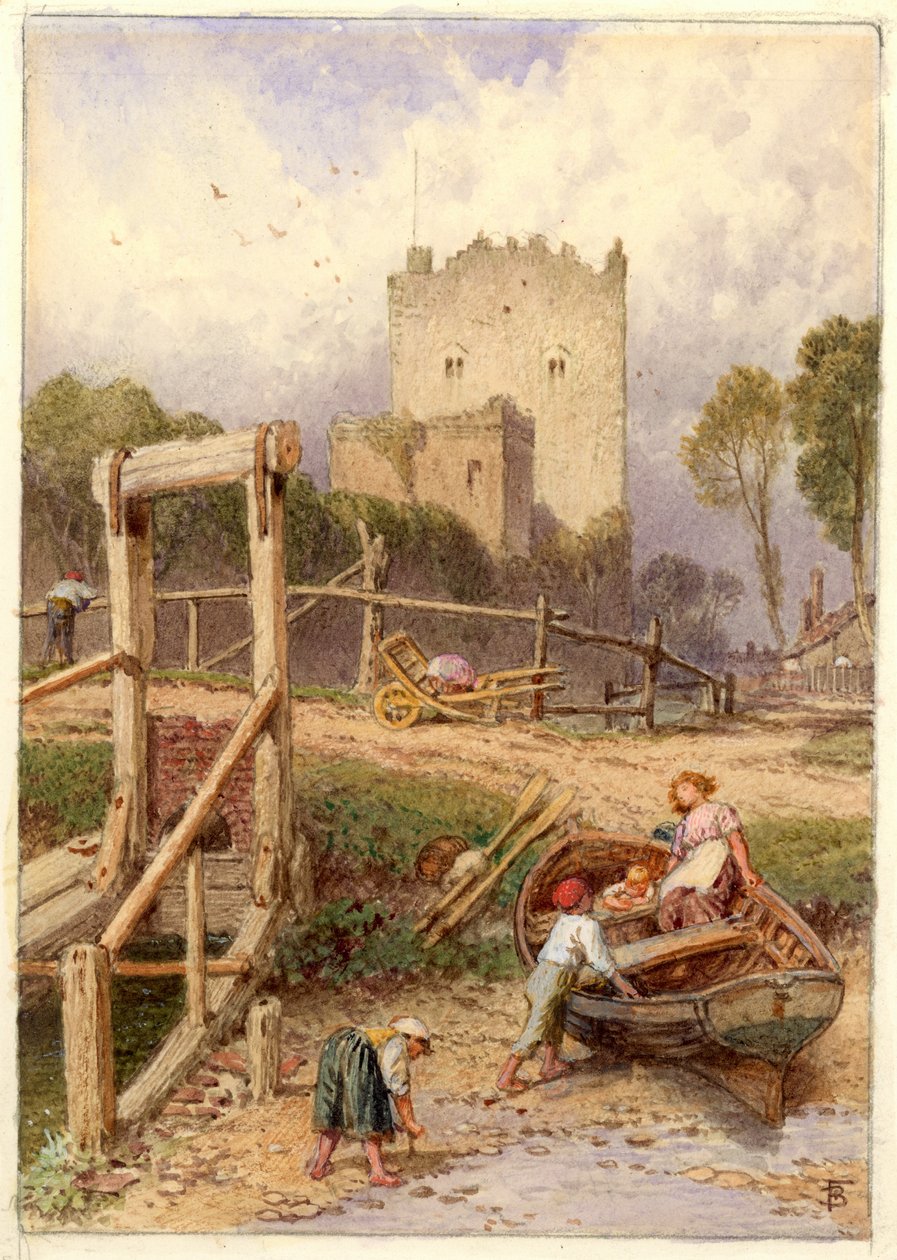 Landskab med båd og figurer (akvarel på papir) af Myles Birket Foster