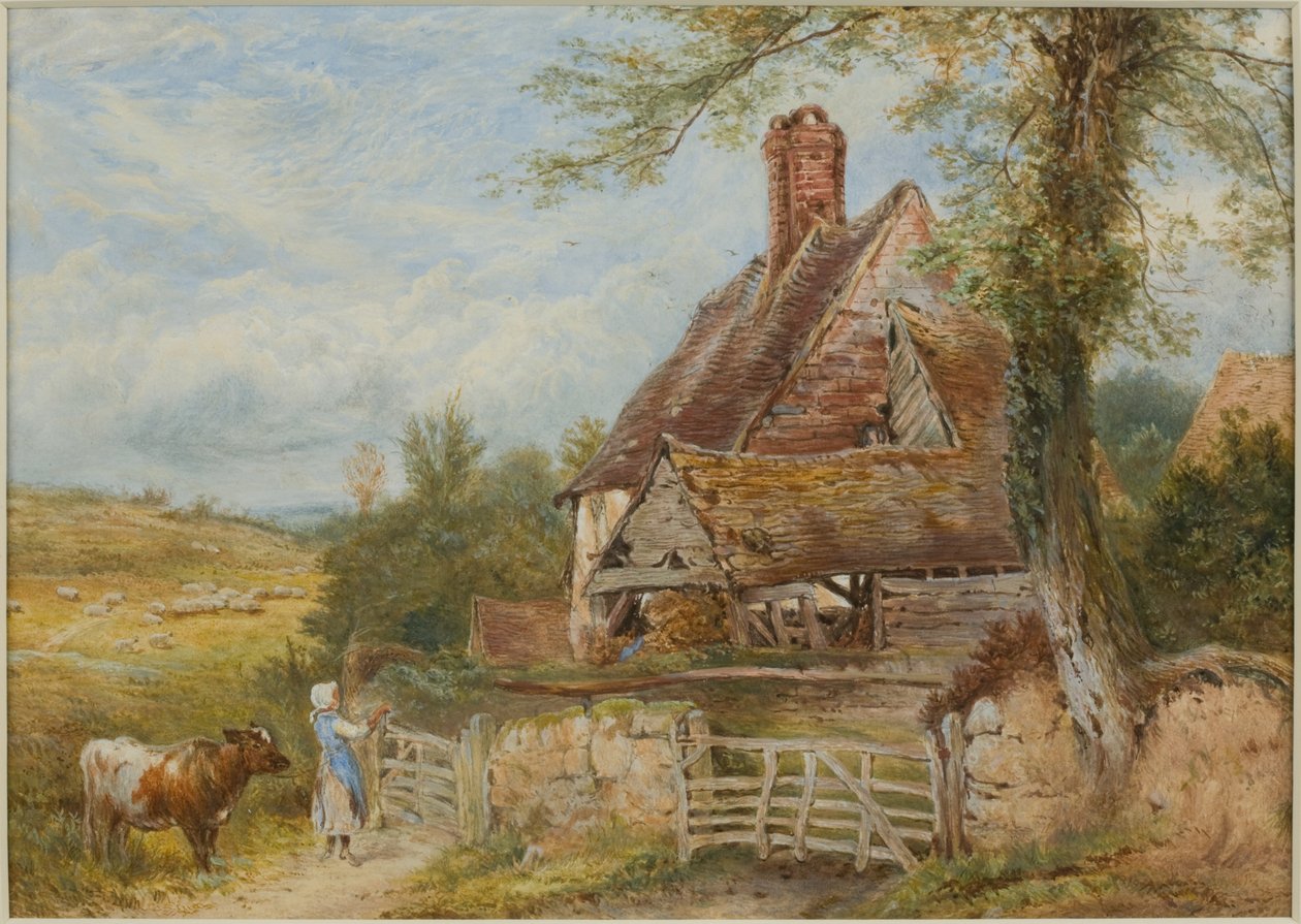 Landskab med hytte, pige og ko (farve og blyant på papir, klistret på kort) af Myles Birket Foster