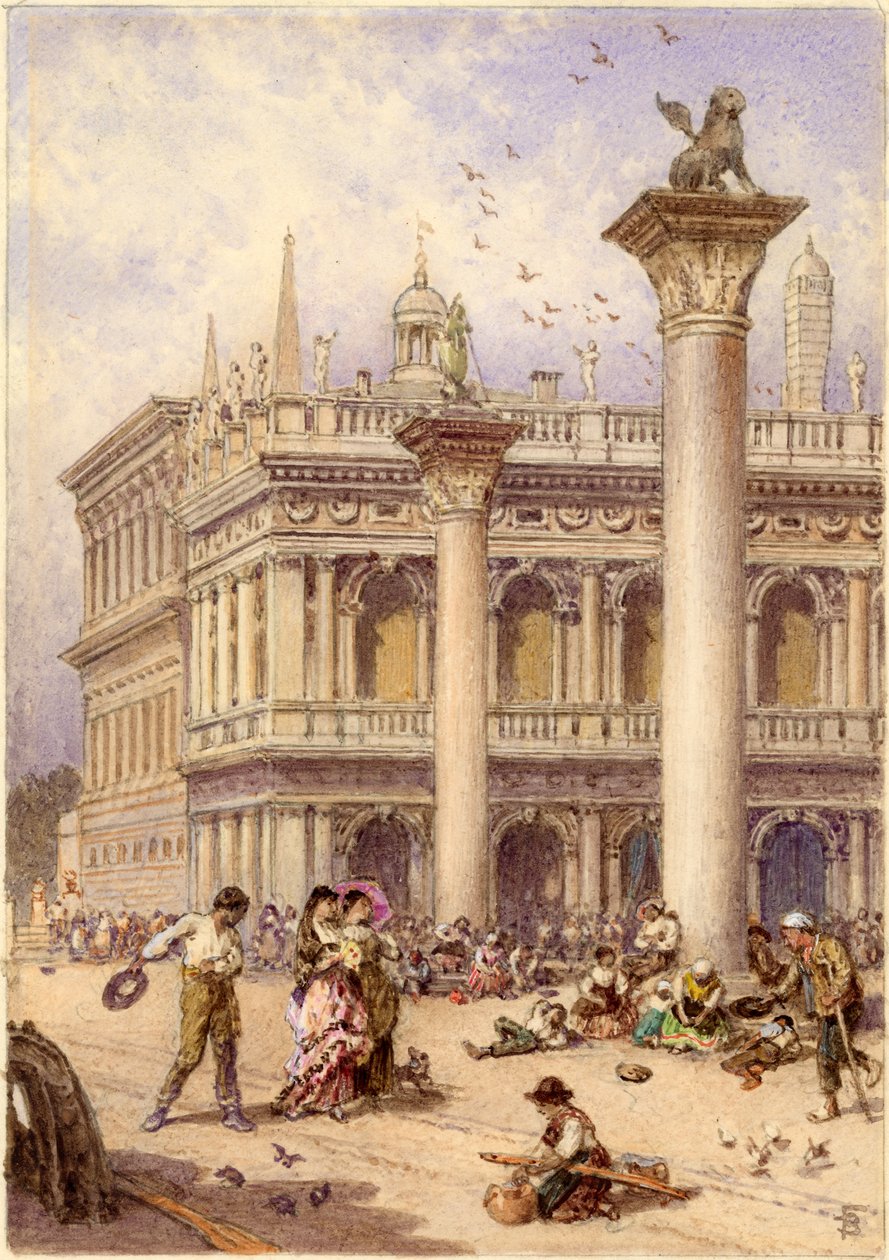 Biblioteket på Markuspladsen, Venedig, 1868 (wc på lamineret plade) af Myles Birket Foster