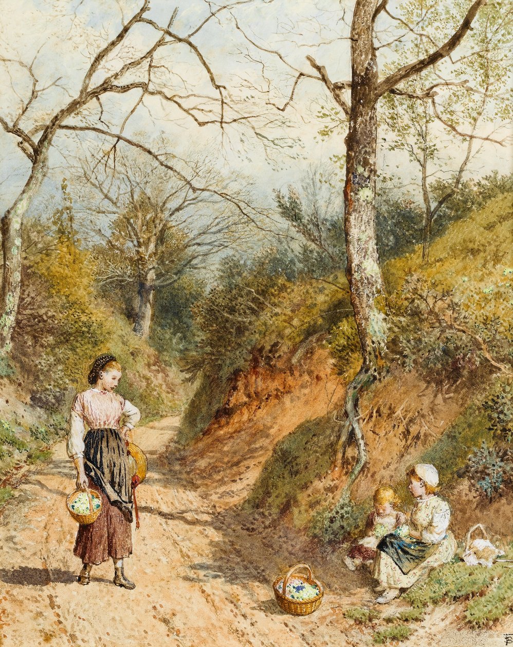 Primrose Gatherers (wc på papir) af Myles Birket Foster