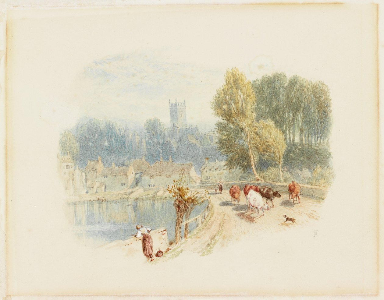 Flodscene med kirke (blyant og akvarel på kort) af Myles Birket Foster