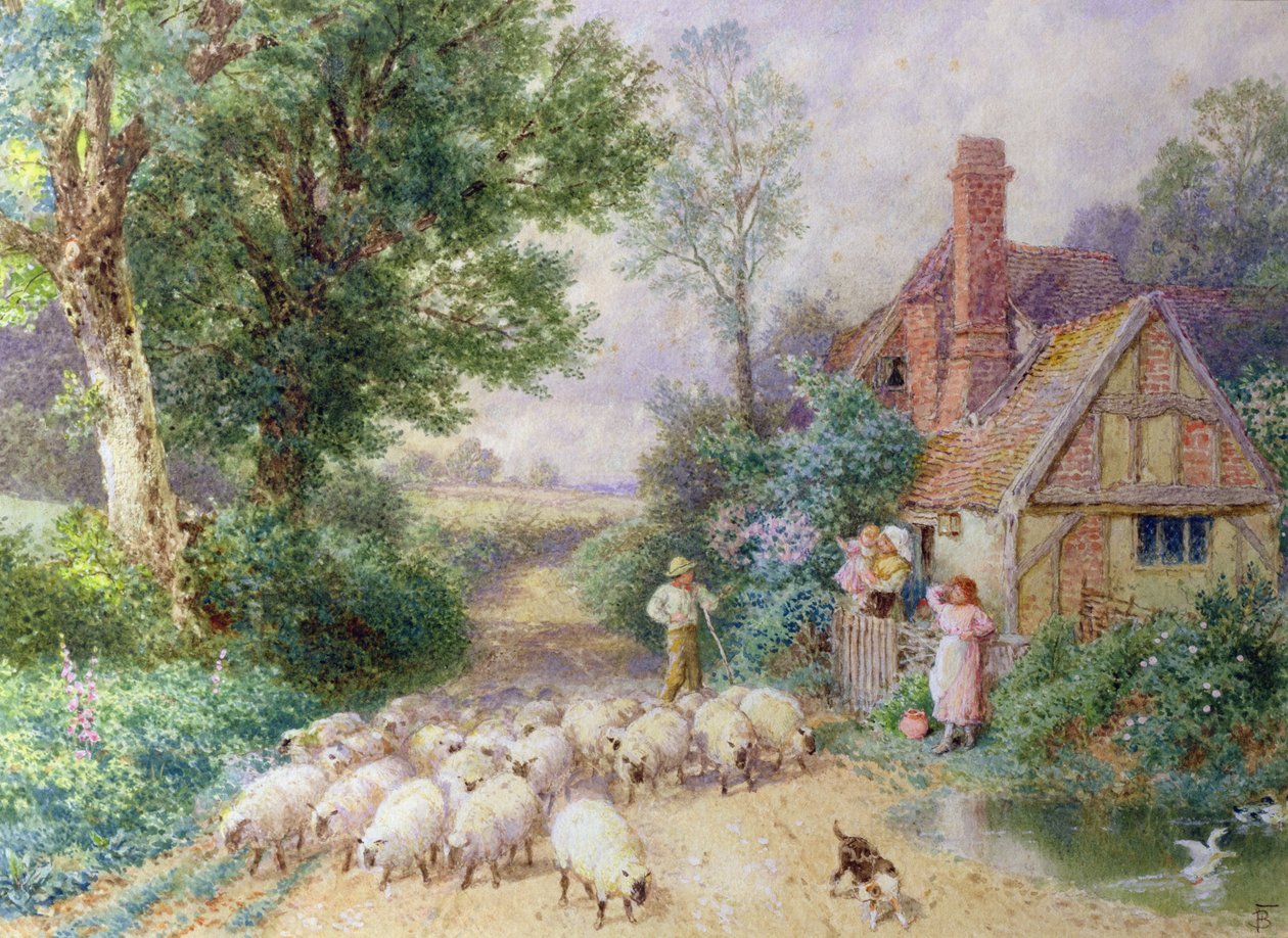 Hyrden og hans flok passerer en hytte på landet af Myles Birket Foster