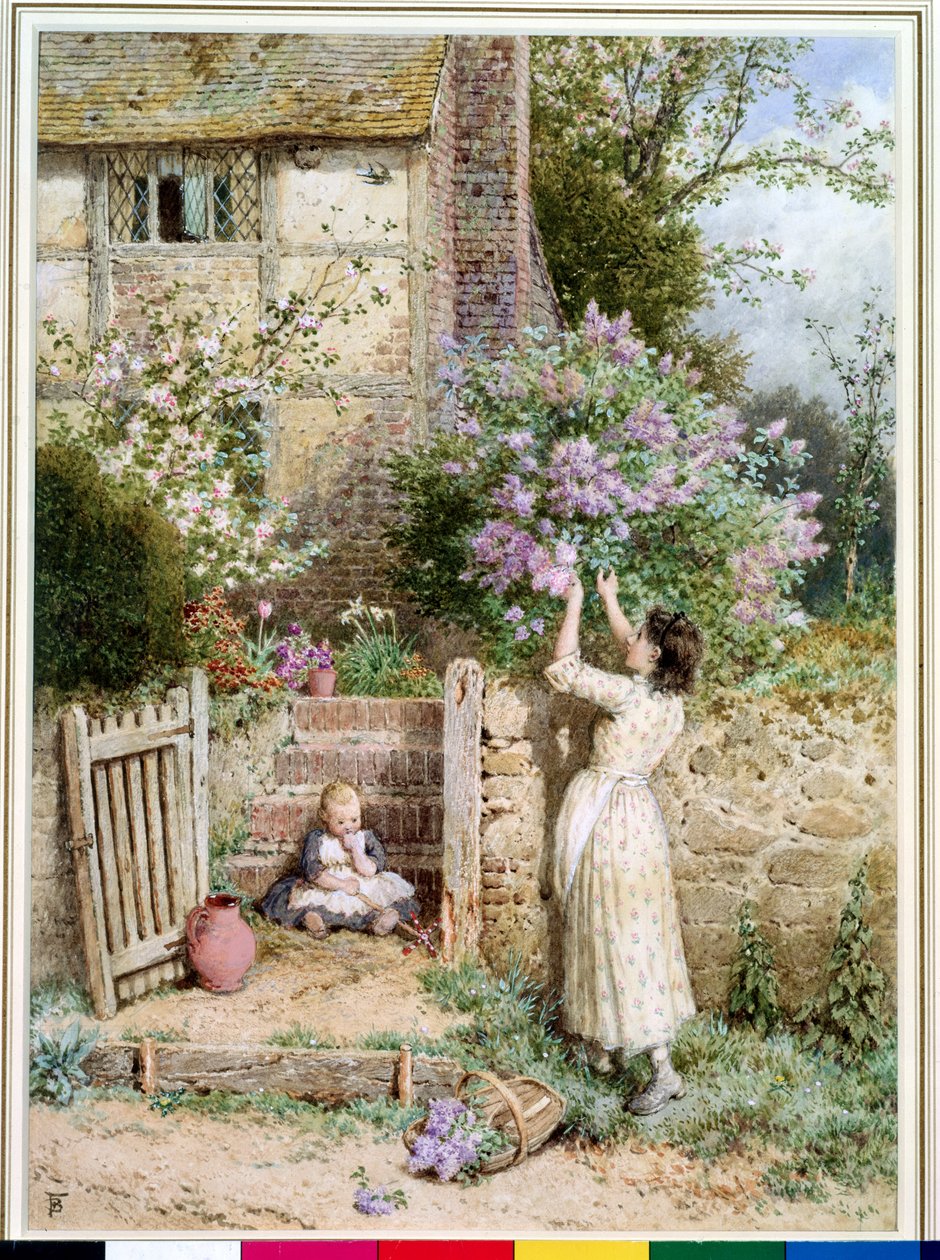 The Lilac Cottage (wc & kropsfarve på papir) af Myles Birket Foster